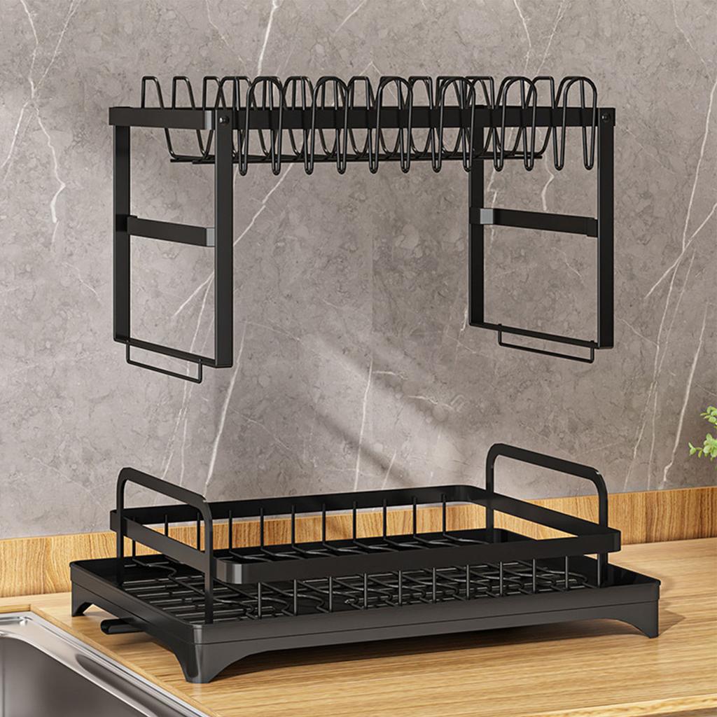 Dish Drying Rack for Countertop Aluminum 2 Tier Dish Rack with Drainboard and Utensil Holder for
