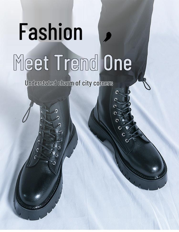 Men's Plus Size Retro High-Top Leather Martin Boots - Thick Sole, Lace-Up, and Wear-Resistant for Height-Increasing Workwear.