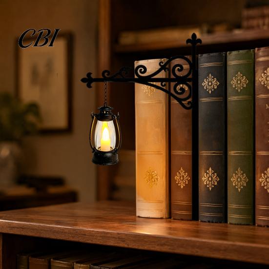 Bookshelf Decor for Bedroom Library Lantern Mini Lamp, Vintage Hanging Light with Warm Glow, Decorative Book Supports Shelves Home Study And