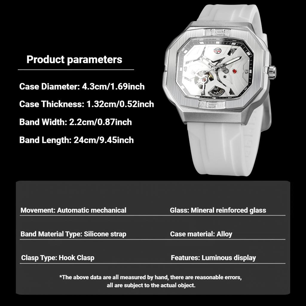 Forsining Mens Skeleton Automatic Self Wind Mechanical Movement Watches Waterproof Luminous Square Dial Silicone Strap Wrist Watch