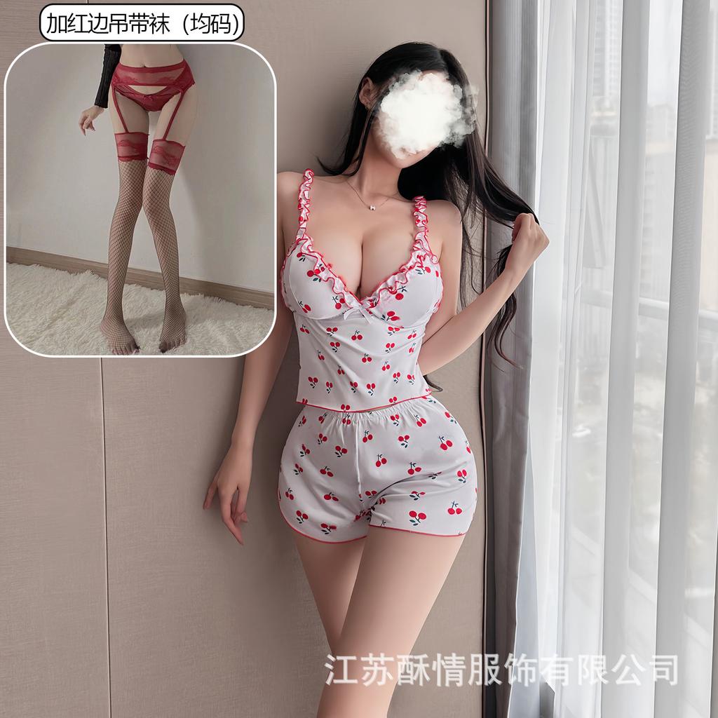 Crispy Cherry Floral Can Be Worn Outside, Sexy Suit, Free Suspender V-neck Plus Chest Pad Pajamas, Comfortable Home