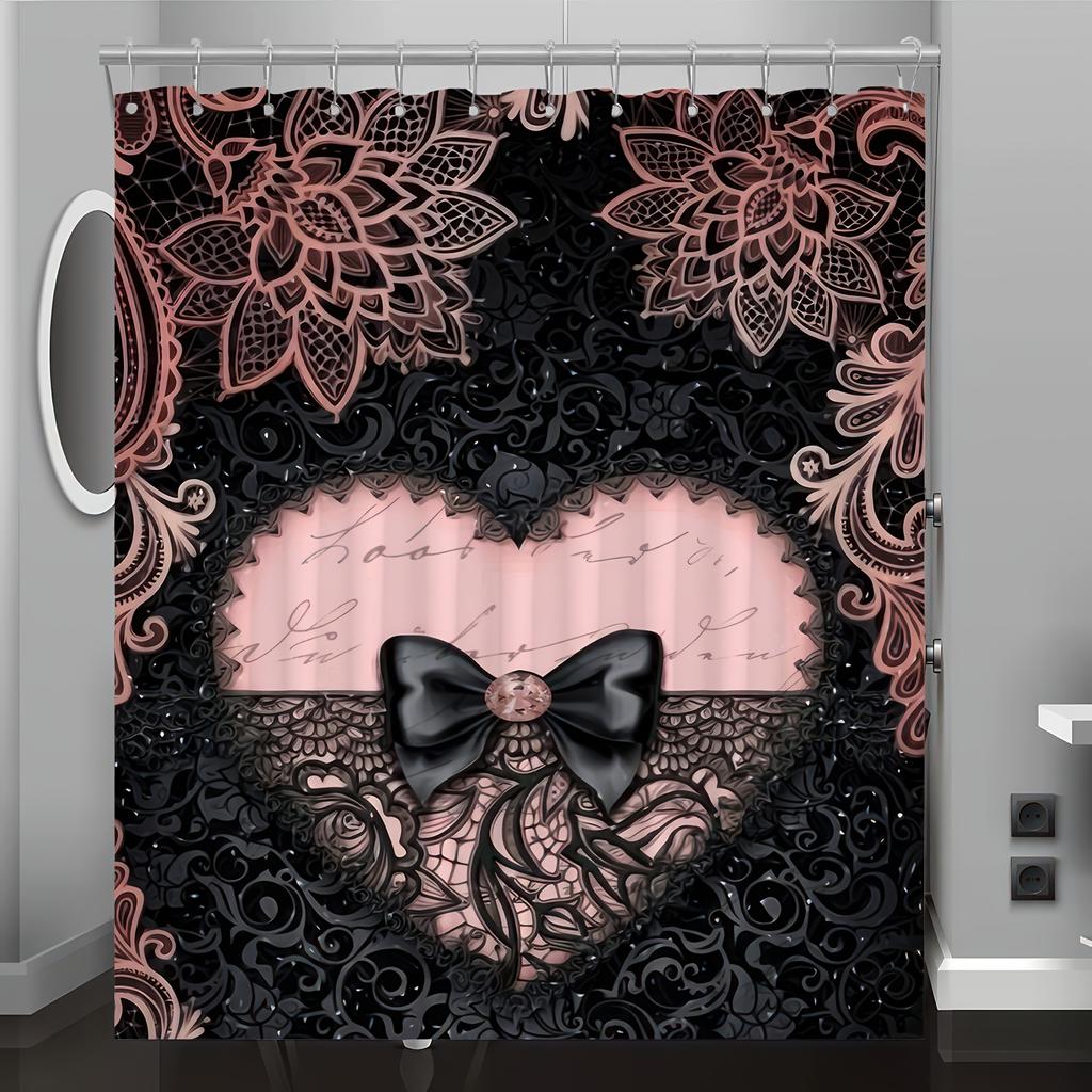 Eleganter Spitzen-Schleifen- & Herz-Blumen-Duschvorhang, Haken inklusive, Maschinenwaschbar, Wendbares Polyester-Badezimmer-Dekor