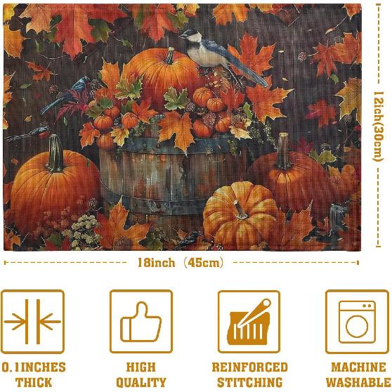 Pumpkin Maple Leaf Bird Fall Placemats Set of 4 Autumn Thanksgiving Seasonal Holiday Harvest Linen Table Mats Orange Brown Washable Place Mats for