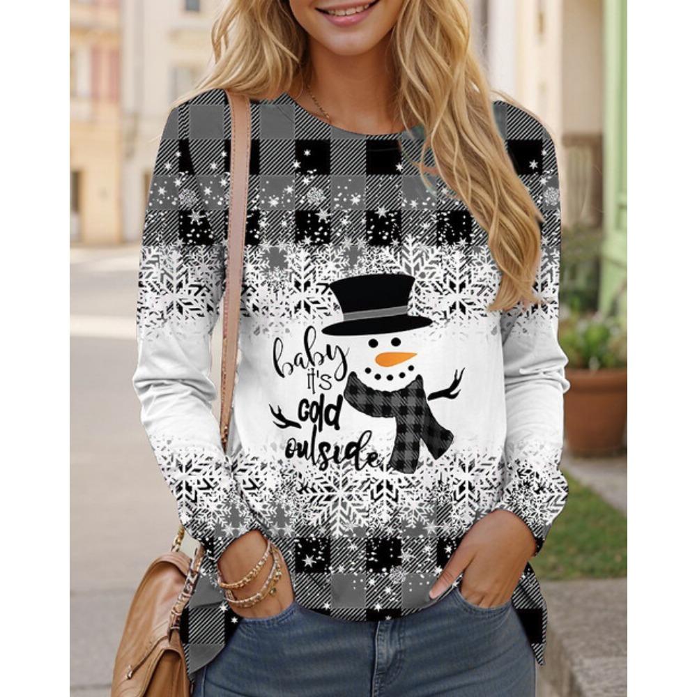 

Рождественский узор со снеговиком, женские модные футболки, осень-зима, с длинным рукавом, 3D-принт, клетка, уличные рождественские женские футболки больших размеров XL