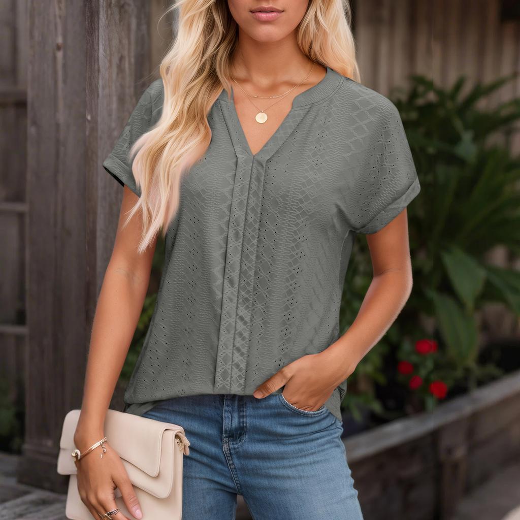 Womens Tops Short Sleeve V T-Shirt Blouse Dressy Causal Eyelet Embroidery Summer Fashion Clothes