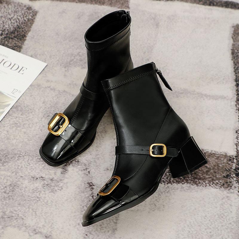Wind short boots women's single boots soft leather thin new retro square head high heel Martin boots thick heel