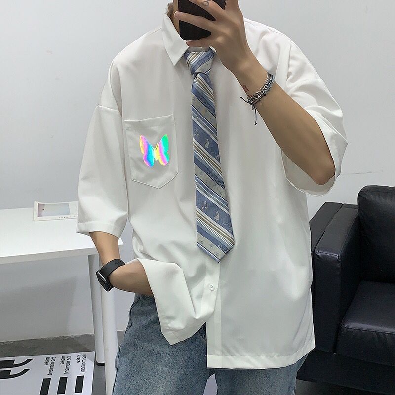 

Мужская рубашка с короткими рукавами, мужская модная униформа Jkdk в корейском стиле, рубашка с половиной рукава со светоотражающим принтом и половиной рукава