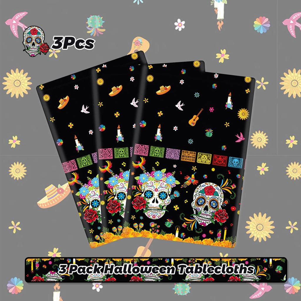 MEHOFOND 3 Pcs Day of The Dead Plastic Tablecloth, Dia De Los Muertos Disposable Table Cover for Halloween, Mexican Skull Floral Fiesta Party