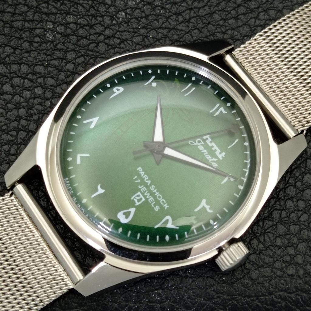 HANDAUFZUG VINTAGE HMT JANATA INDISCHE HERRENARMBANDUHR ARABISCH GRÜNES ZIFFERBLATT a440956-4