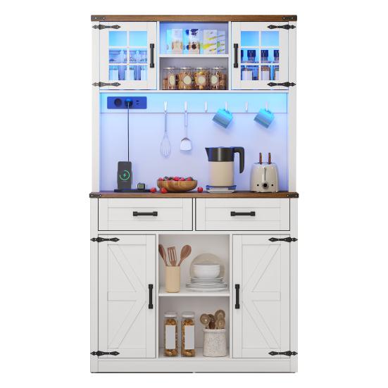 Kitchen Sideboard Bar Cabinet with LED Light And Electrical Outlets Large Buffet 2 Drawers Barn Door Design Adjustable Shelves Rustic Coffee