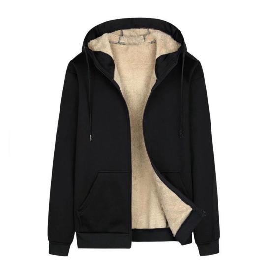Men Hoodie Coat Solid Color Hooded Thicken Plush Winter Jacket for Daily Wear