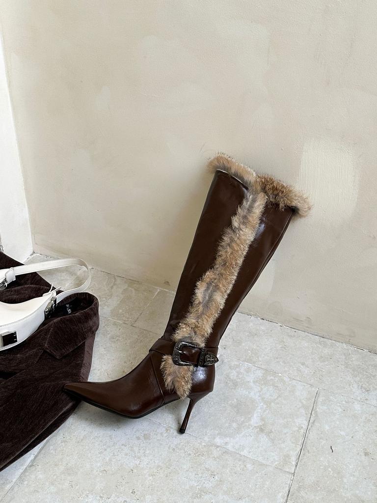 2025 Autumn and Winter New Pointed Belt Buckle Tall Tube Thin Fine Hair High Heel Warm Snow Women's Boots