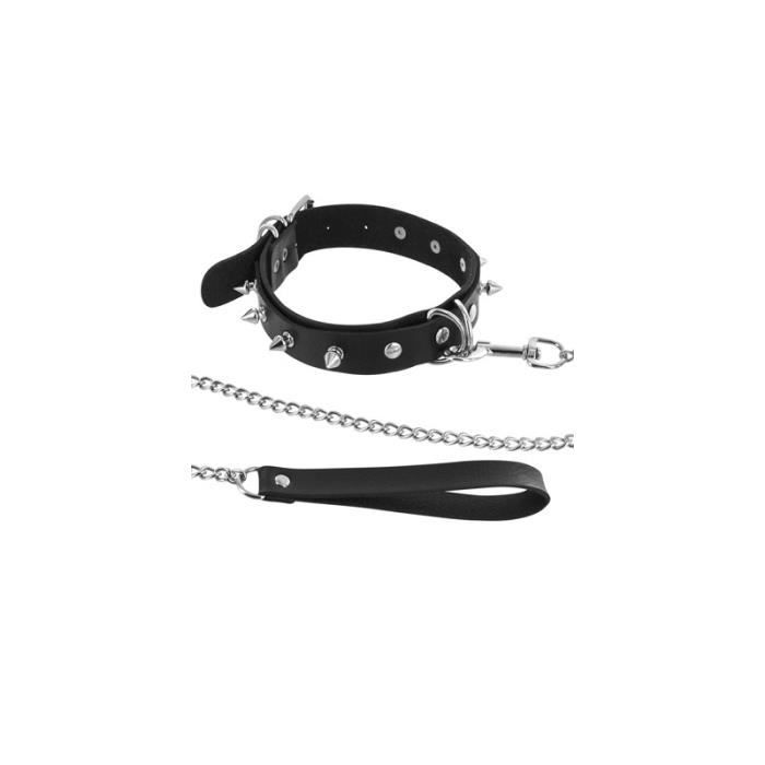 Collier Fetish - Fétish Tentation - Noir - Réglable - Anneaux et Pointes - Laisse incluse