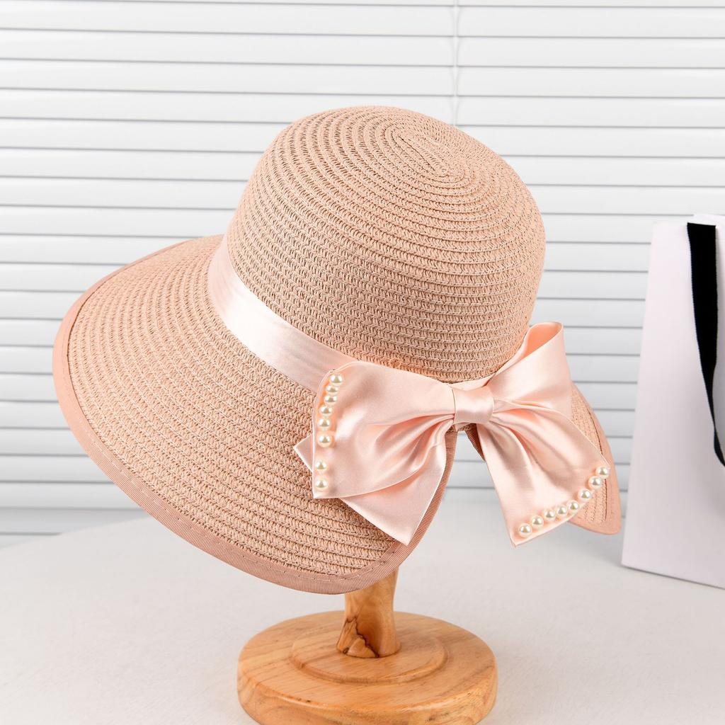 Summer bow visor female split ponytail straw hat Korean version pearl big eaves sun protection sun bucket hat