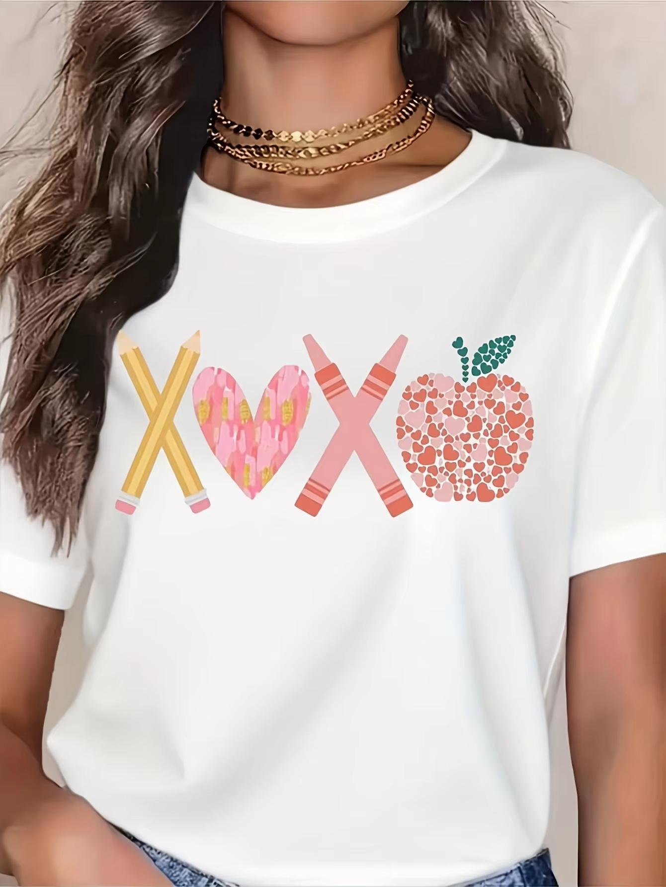 

Vintage XOXO Teacher TShirt Breathable Short Sleeve with Pencil Print XOXO Casual Gift Suitable for Educators Aesthetic Clothes S