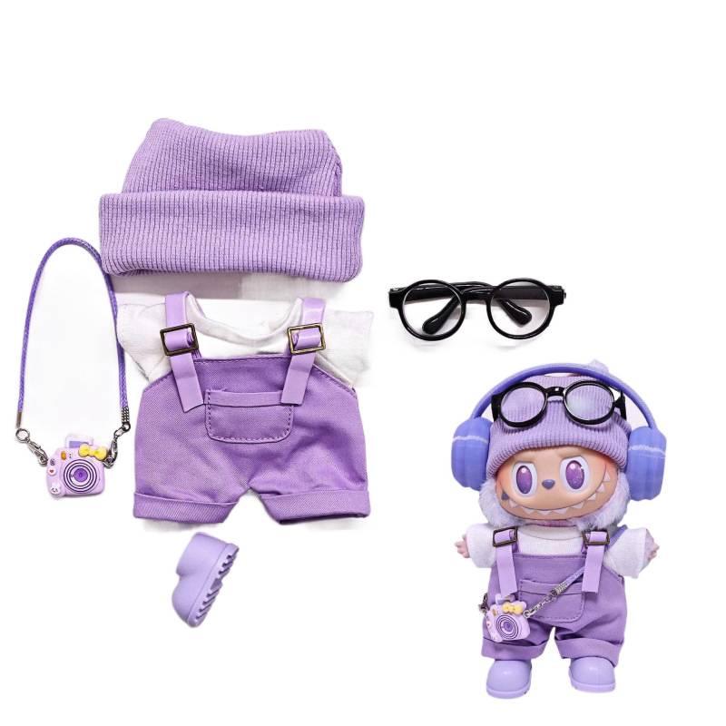 Labubu Doll Fashion Set: Purple Pink Overalls, Knitted Hat & Headphones for 1st, 2nd, 3rd Gen