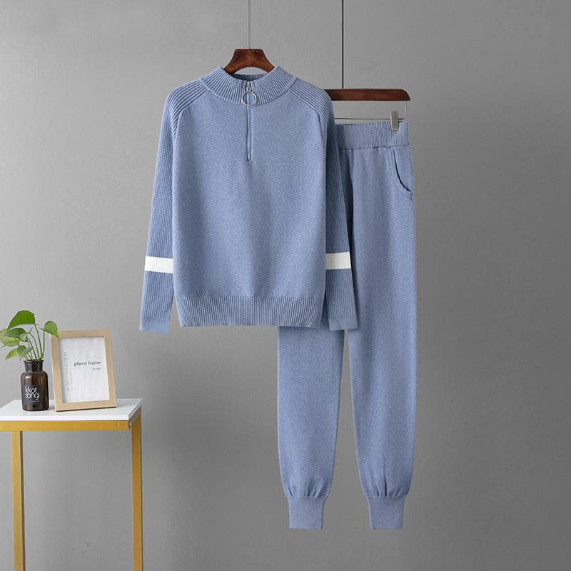 Women Casual Knitted 2 Piece Sets Korean O-neck Knitwears Zipper Sweater Pullover Tops Conjuntos High Waist Sweatpants Outfit