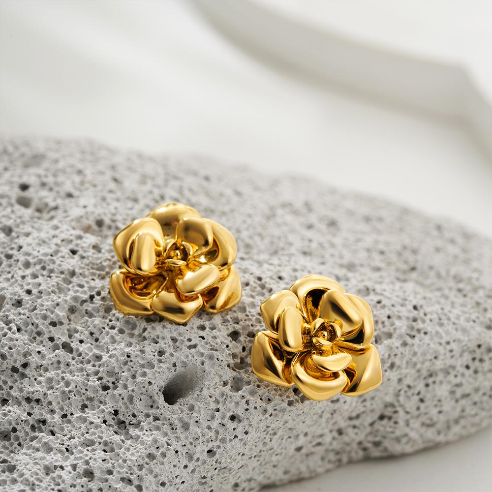 Vintage Polished Multi Layered Petals Ear Studs Stainless Steel Gold Plated Flower Shape Drop Earrings Femal Waterproof Jewelry