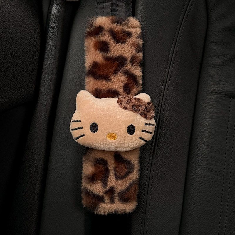 Melard Leopard Print Hello Kitty Plush Car Seatbelt Shoulder Pad Car Interior Decoration Gift for New Car Light Brown Kitty Shoulder Pads