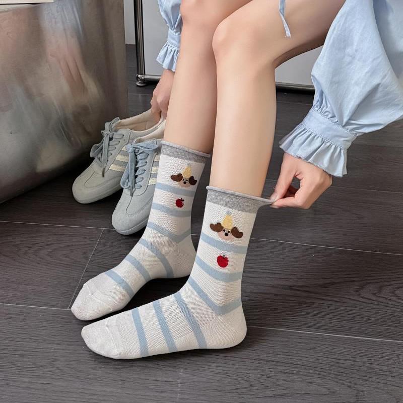 Spring/Summer Striped Mesh Puppy Socks: Cute Cartoon Polka Dot Mid-Calf for Women