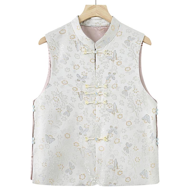 

Жилет в китайском стиле с жаккардовым узором и застежкой на пуговицы-лягушки для женщин среднего возраста - Коллекция весна/осень 2XL for 125-140 jin белый