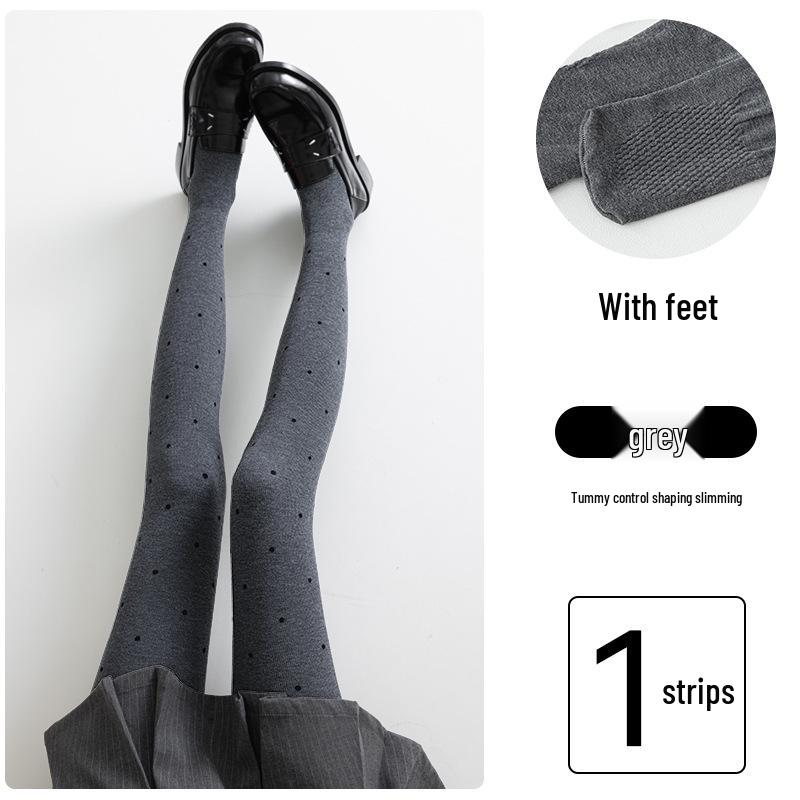 Women's Gray Polka Dot Fleece-Lined Leggings - Autumn/Winter Slimming Vertical Stripe Thickened Pantyhose