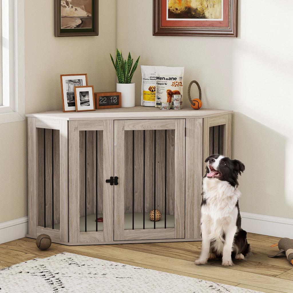 Dog Crate Furniture Side Table, with Cushion, 122 x 61 x 71cm - Walnut Brown