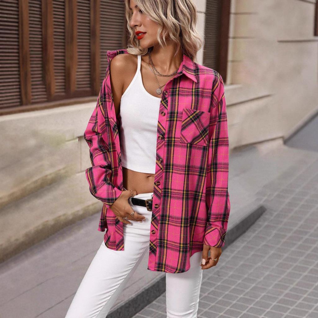 Women's POLO Collar Long Sleeve Plaid Shirt Loose Fit Vintage Casual Flannel Blouse