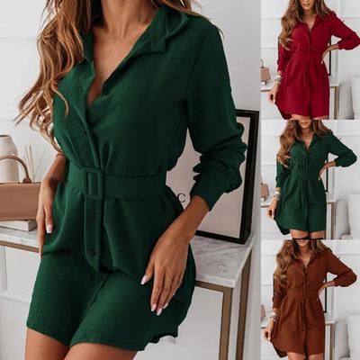 Lady Dress Solid Color Turn-down Collar Cardigan Single-breasted Mini Dress for Daily