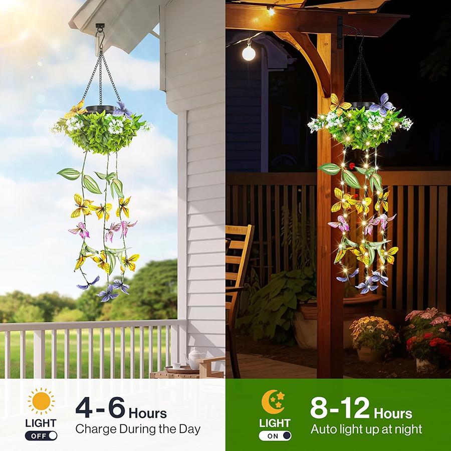 2 Pcs Solar Artificial Vines Hanging Light LED Fairy Lights Fake Butterfly Flower Decor Waterproof Garden Patio Festive