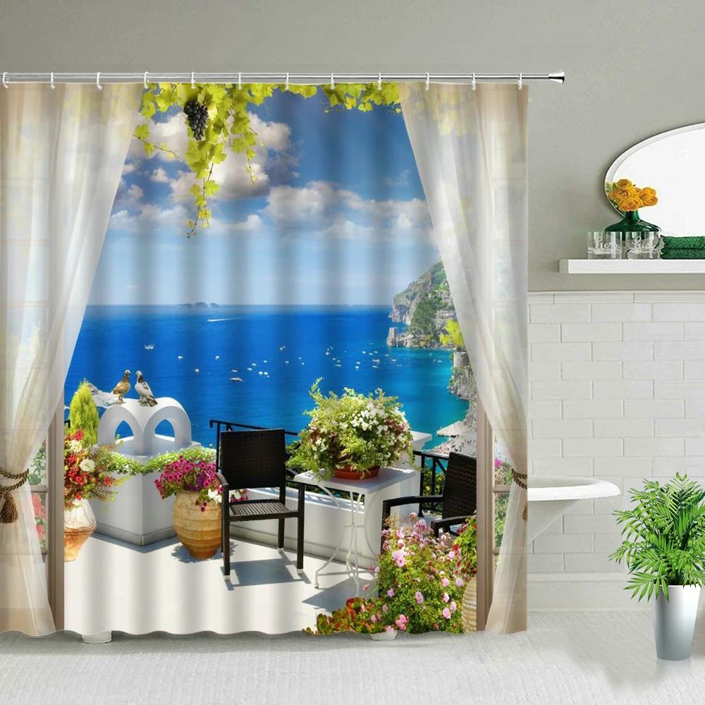 Ocean Scenery Shower Curtains Ldyllic Building Flower Plant Spring Landscape Bathroom Curtain Waterproof Fabric Bathtub Screen