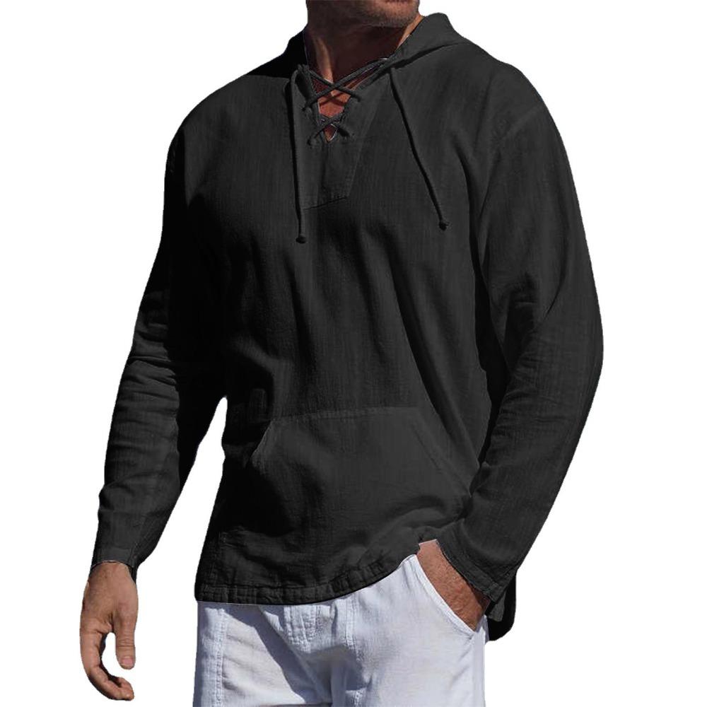 Men's Casual Solid-color Lace-up Hooded Long-sleeved T-shirt