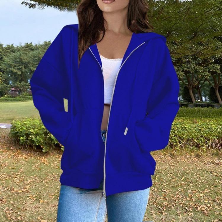 Women Fashion Casual Hooded Long Sleeve Solid Color Zippered Sweatshirt