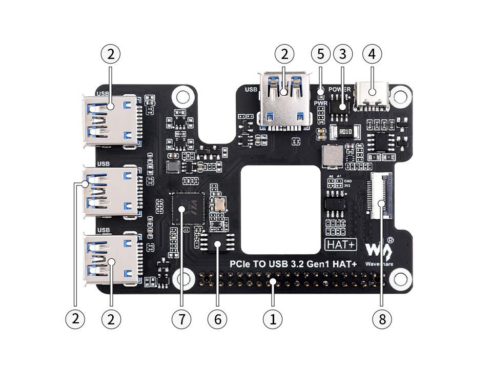 Raspberry Pi 5 PCIe to USB 3.2 Gen1 Hub, 1-to-4 High-Speed Expansion Board