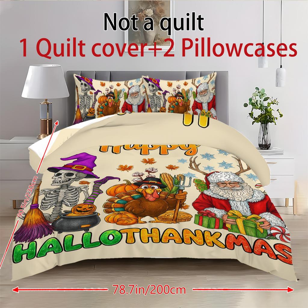 Duvet Cover Printed With Christmas Decoration Super Soft Brushed Microfiber Double Bed Comfortable Set With Zipper Closure And 2 Pillowcases