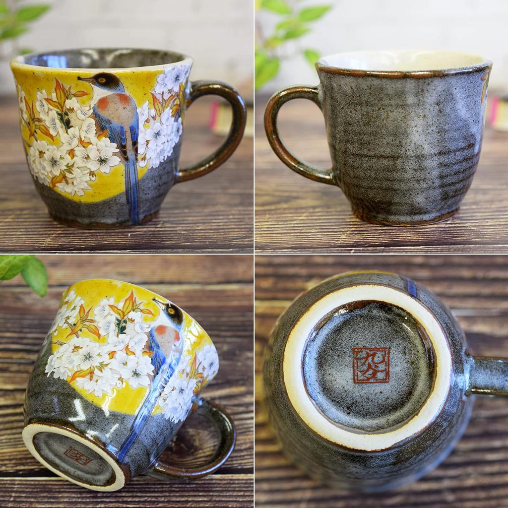 Waza no Kura Stylish Kutani Ware Coffee Mug with Yoshidaya Mountain Cherry Blossom and Bird Design, Ceramic, Luxury Brand, Made in Japan, Perfect as a