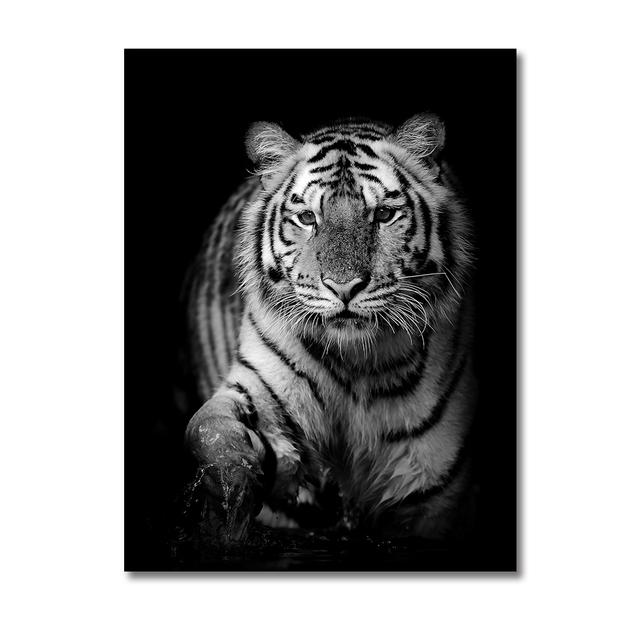 Black and White Wildlife Oil Painting, Tiger, Lion, Elephant Picture, Wall Art Poster and Printmaking Living Room