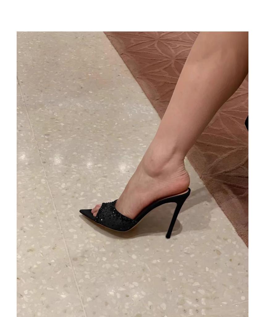 Sexy Open-toed Pointed Rhinestone Sandals Girl 2025 Summer New Mesh Fairy Wind Word with Cool Slippers High Heels