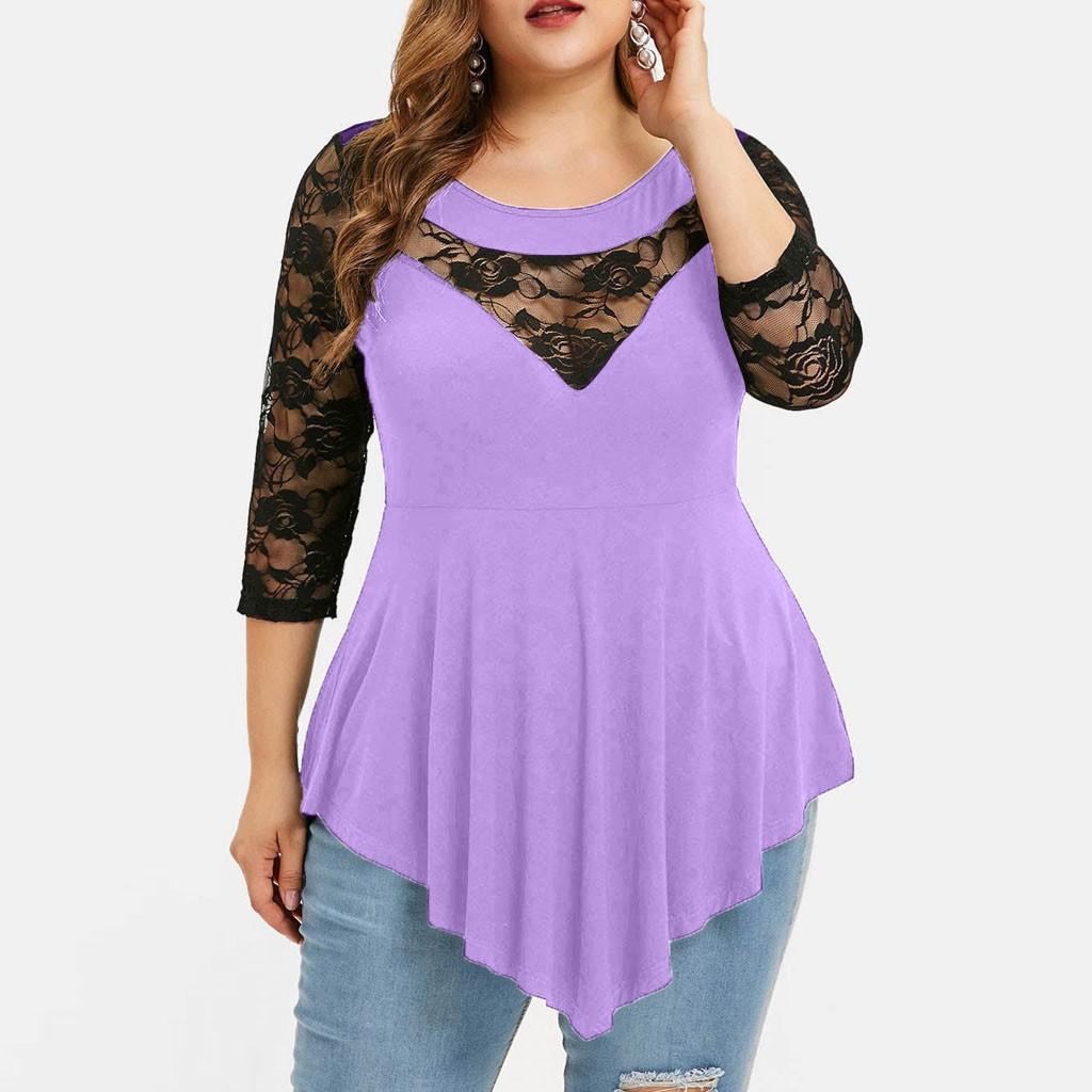 

Женская однотонная кружевная асимметричная блузка размера три четверти размера плюс XXXXXL фиолетовый