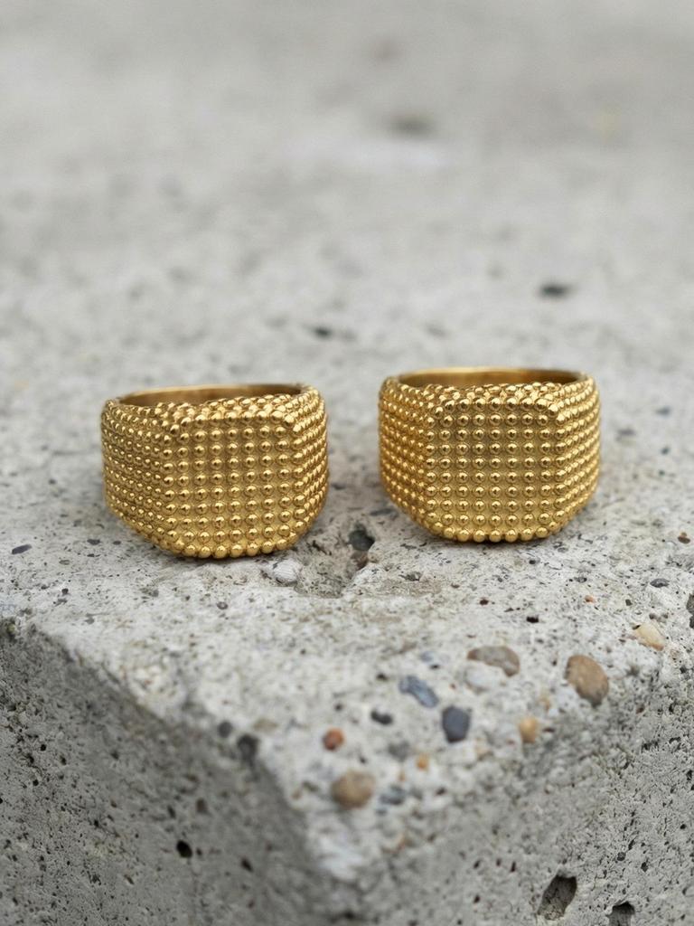 18k Gold-Plated Stainless Steel Square Ring: Trendy, Wide Band with Granular Texture