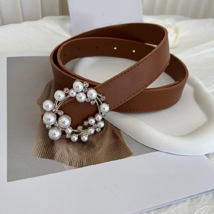 Luxurious Waist Belt with Pearl Circle Pin Buckle for Woman Jeans Skirt Decors