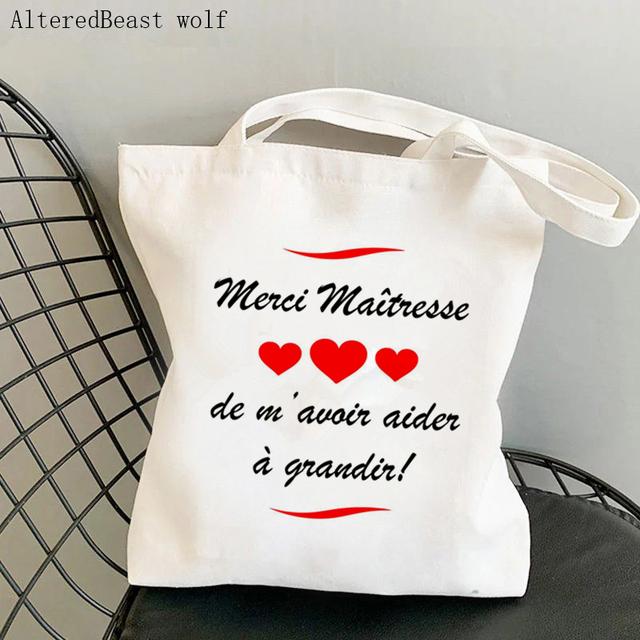 French Thank You Mistress Women Canvas Kawaii Shopping Shoulder Bag Merci Atsem Harajuku Bag Gift for Teacher Shoulder Bags