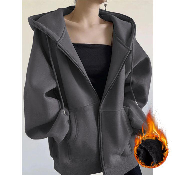 Women's Autumn/Winter Plus Velvet Zipper Cardigan Hoodie - Thick, American-Style, Loose Fit, Slimming Top