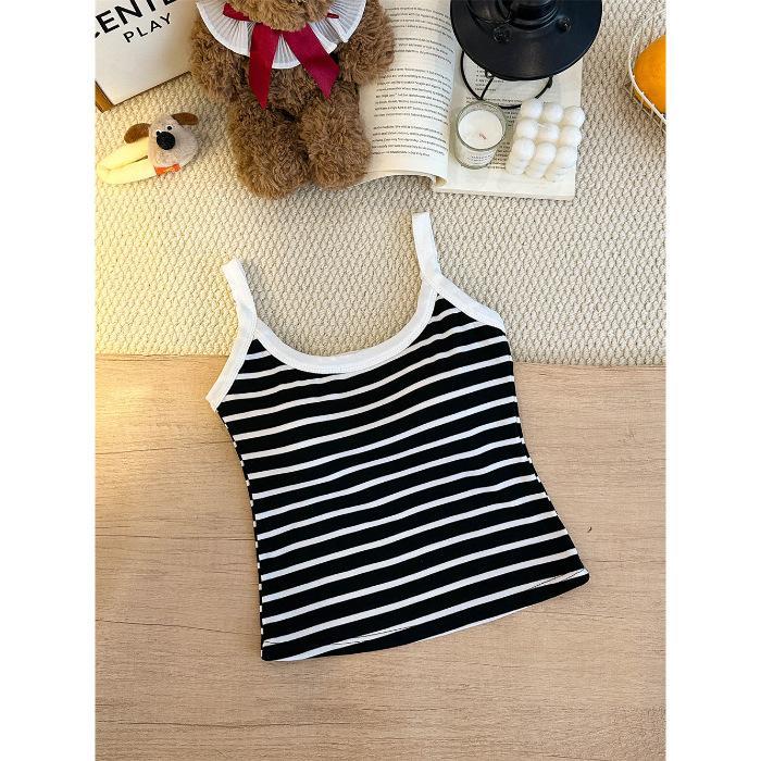 With chest pad, Spice Girl style contrasting color striped u-neck suspender vest women's summer slim back sleeveless casual top