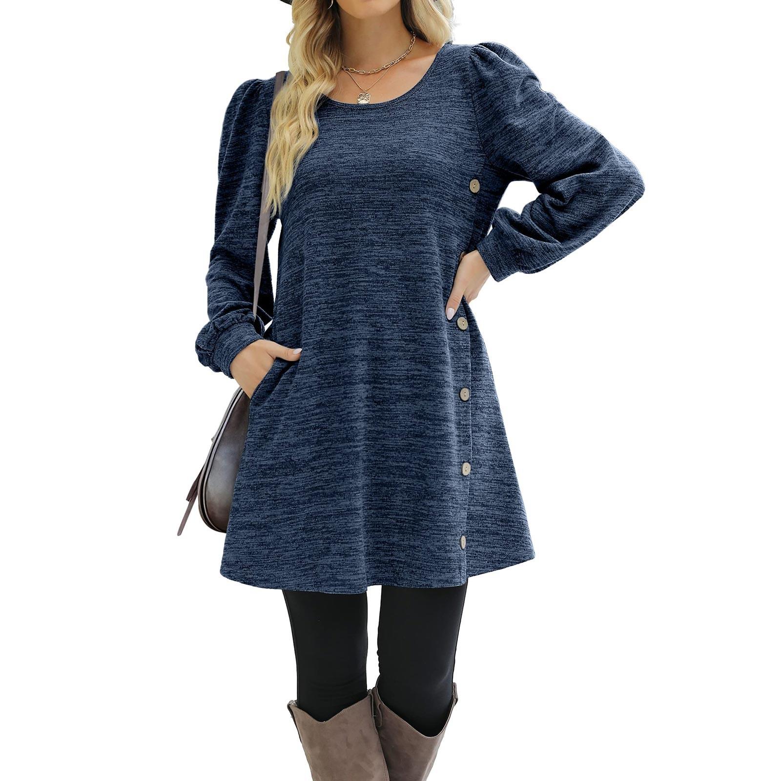 Модное женское повседневное свободное платье с круглым вырезом и пуговицами с длинным — фото 9