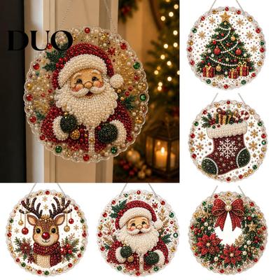 DIY Decorative Pendants Christmas Faux Diamond Painting Hanging, Santa Wreath Acrylic Pendant, Pearl Ornaments for Garden Beads Craft Kit Wall Window