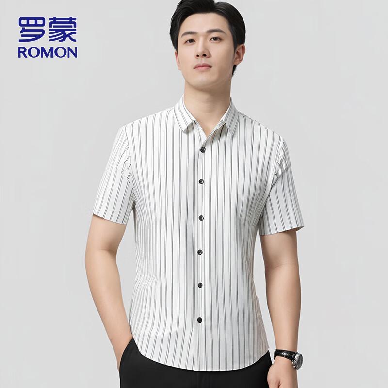 ROMON Men's Striped Ice Silk Short Sleeve Business Shirt