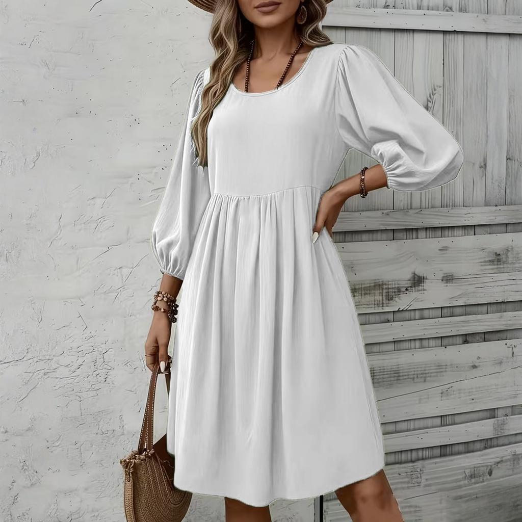Women's Fashion Elegant Holiday Solided Color Round Neck 3/4 Sleeve Cotton Polyester Midi Dress