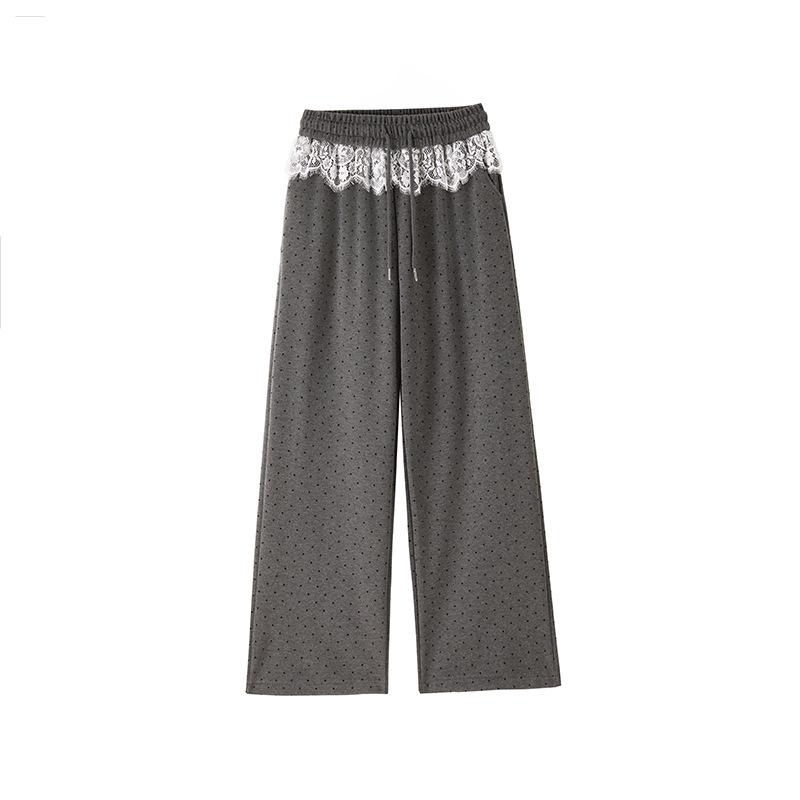 Spring 2025 Women's High-Waist Polka Dot Wide-Leg Sweatpants with Lace Trim