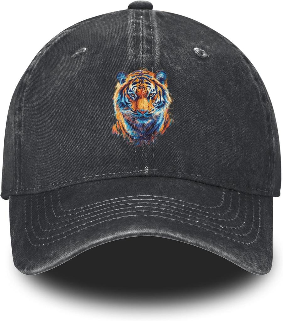 Colorful Tiger Head Graphic Baseball Cap Distressed Washed Denim Outdoor Adjustable Hat Unisex Hat